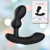 A prostate massager labeled "Lovense Edge 2 Prostate Massager" is displayed against a colorful, out-of-focus background. The black, curved Lovense Edge 2 features two bulbous sections for powerful stimulation. The packaging, compatible with the Lovense App, is shown on the upper right and matches the design of the massager.